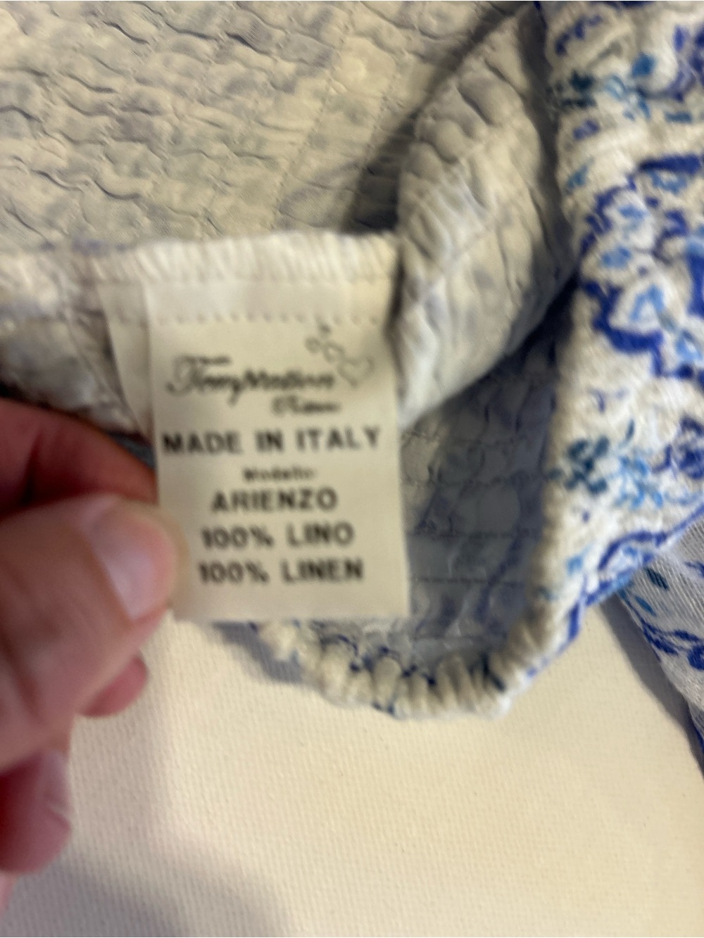 Temptation Positano Blue & White 100% Linen Smocked Puff Sleeve Crop Top Women’s - Picture 8 of 10